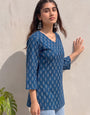 Teal Blue Cotton Floral Printed Outwear Kurti
