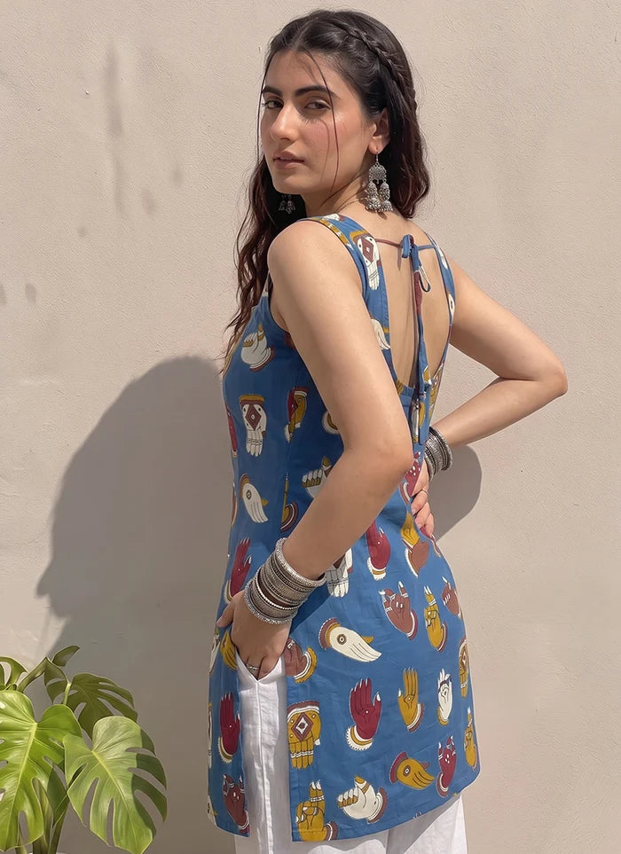 Blue Cotton Printed Straight-Cut Kurti