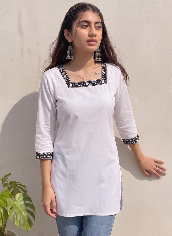 White Cotton Printed OutWear Kurti