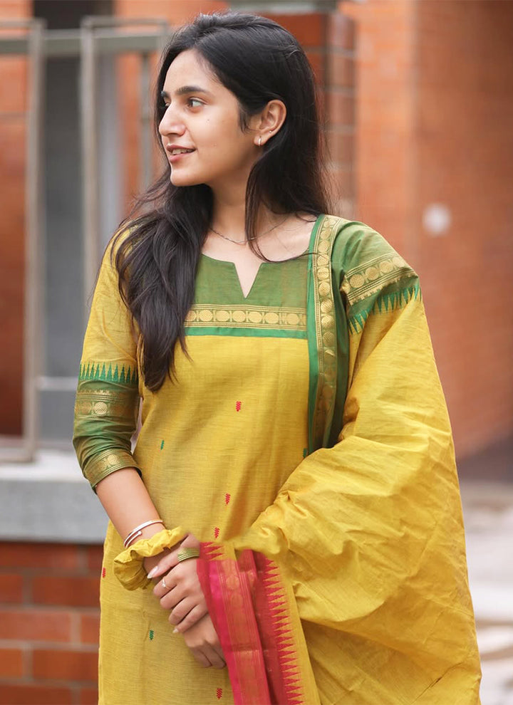 Lemon Yellow Cotton Woven Festive Wear Kurta And Dupatta