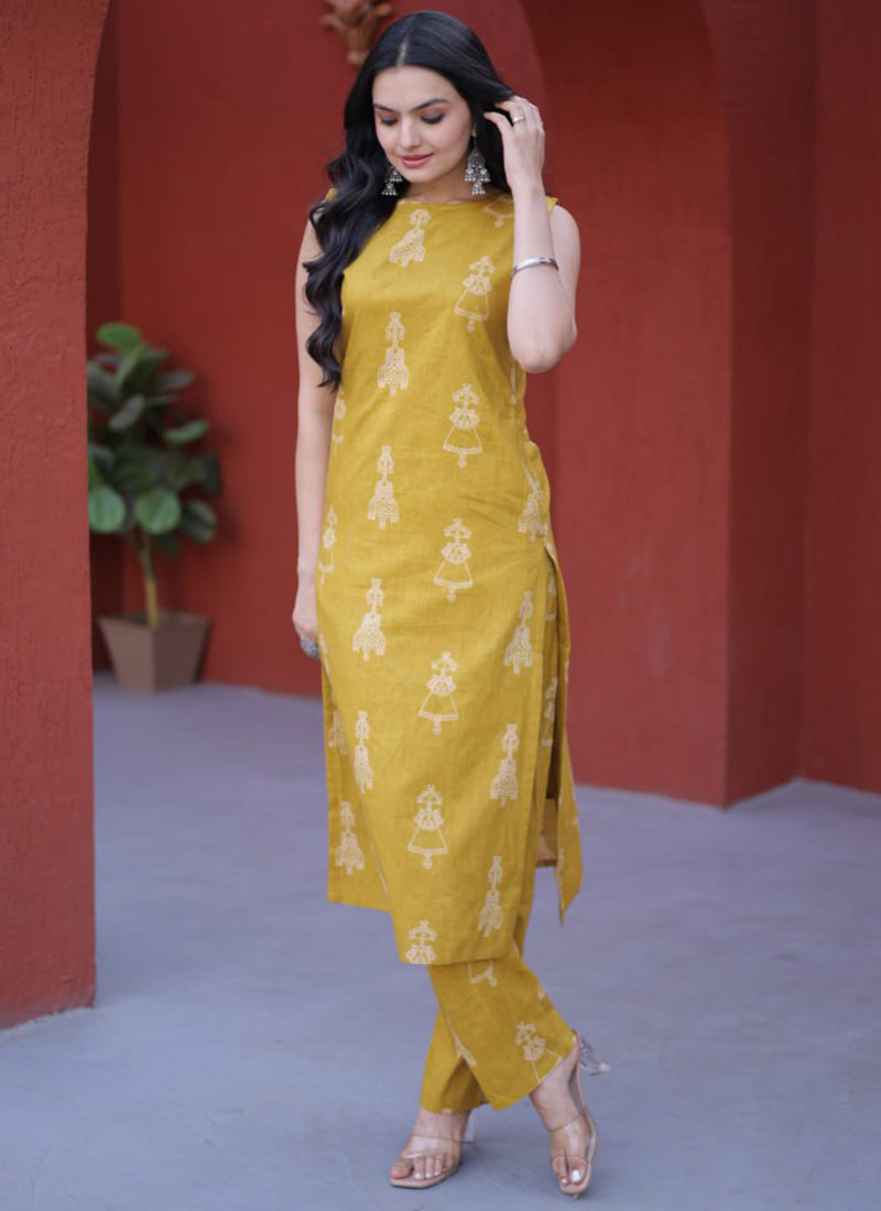 Yellow Cotton Folk Art Printed Outwear Kurti And Pant