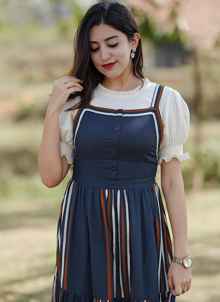 Navy Blue Stripes Printed Rayon Shirring Details Dungaree