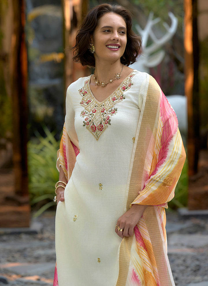 White Vatican Kurta With Trouser And Dupatta