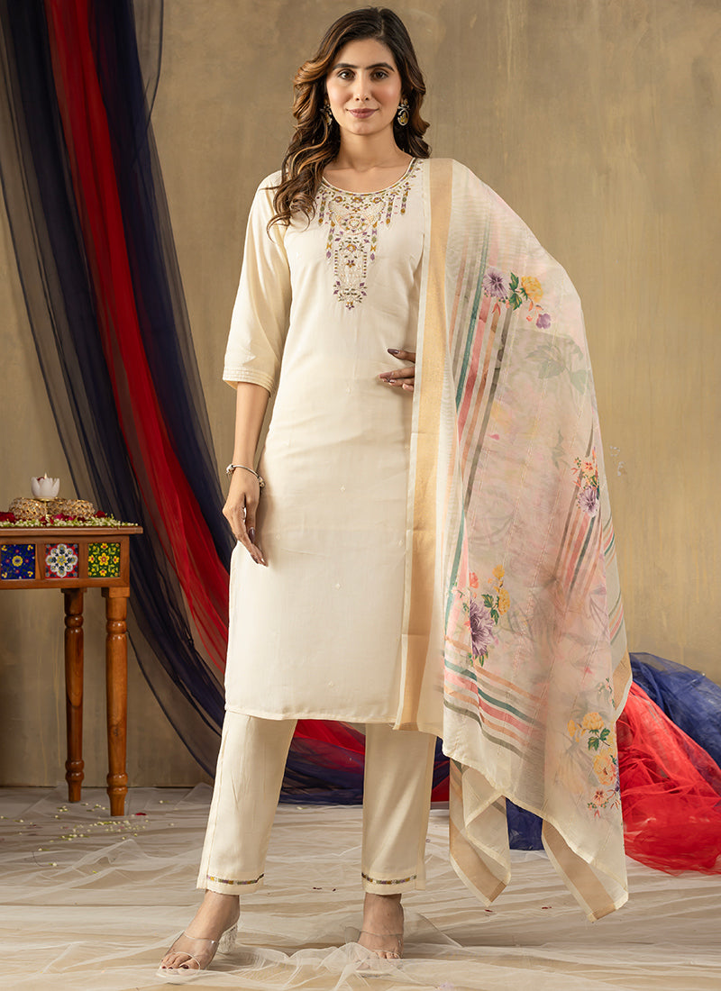 Off White Shimmer Silk Festive Wear Kurta Set