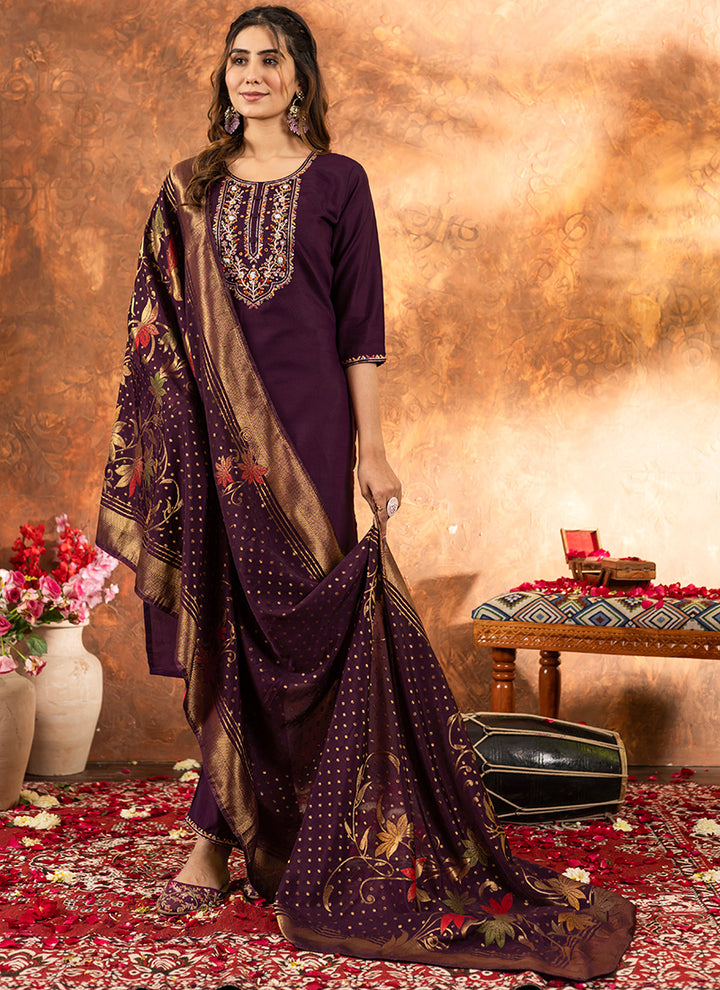 Wine Marian Silk Thread Work Kurta Set