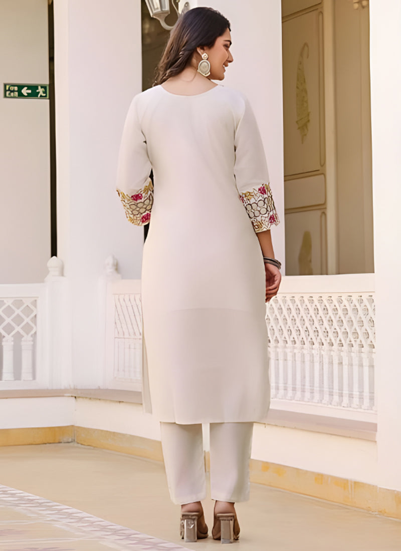 White Rayon Slub Embroidered Festive Kurta Set