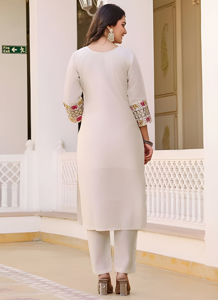 White Rayon Slub Embroidered Festive Kurta Set