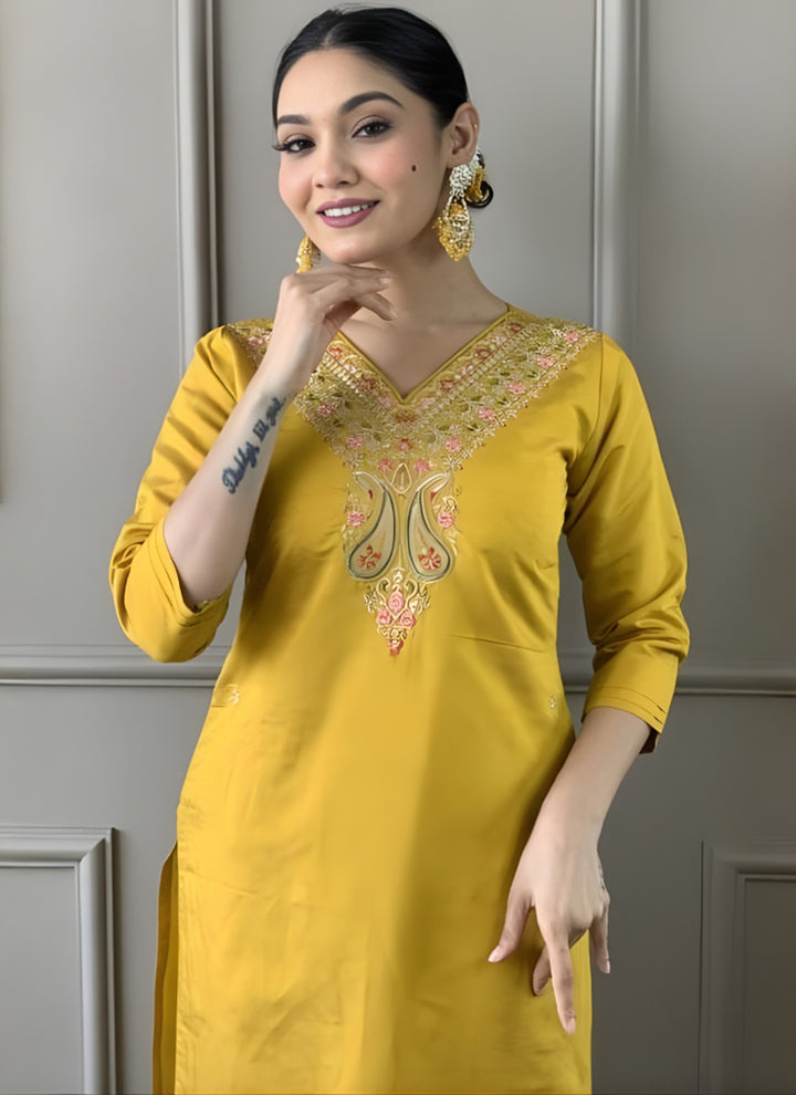 Yellow Embroidered Cottton Straight Ceremonial Kurta Set