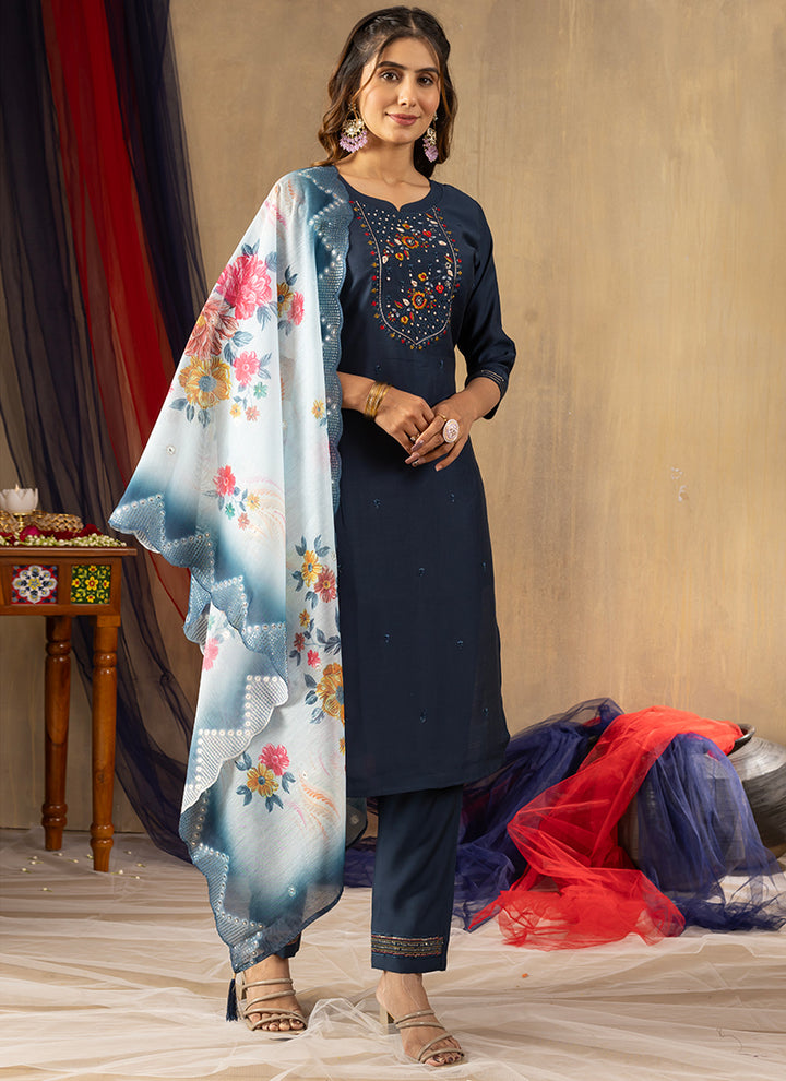 Blue Viscose Silk Thread Embroidered Kurta Set