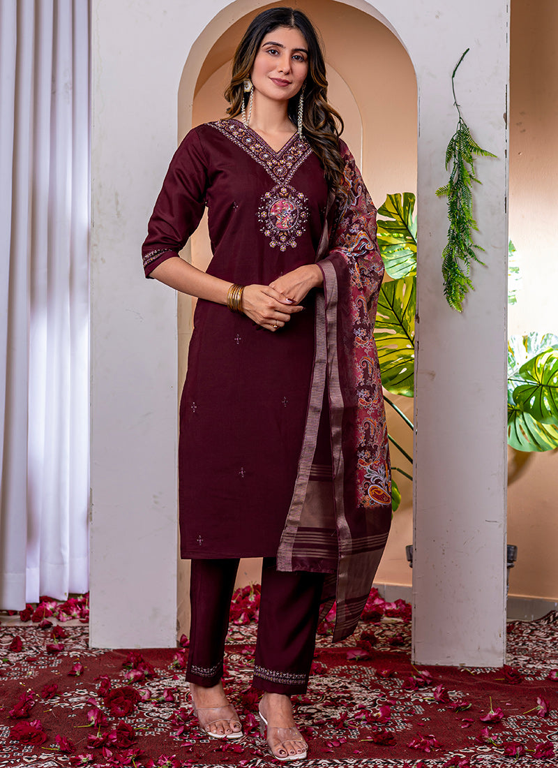 Wine Viscose Silk Embroidered V-Neck Salwar Suit