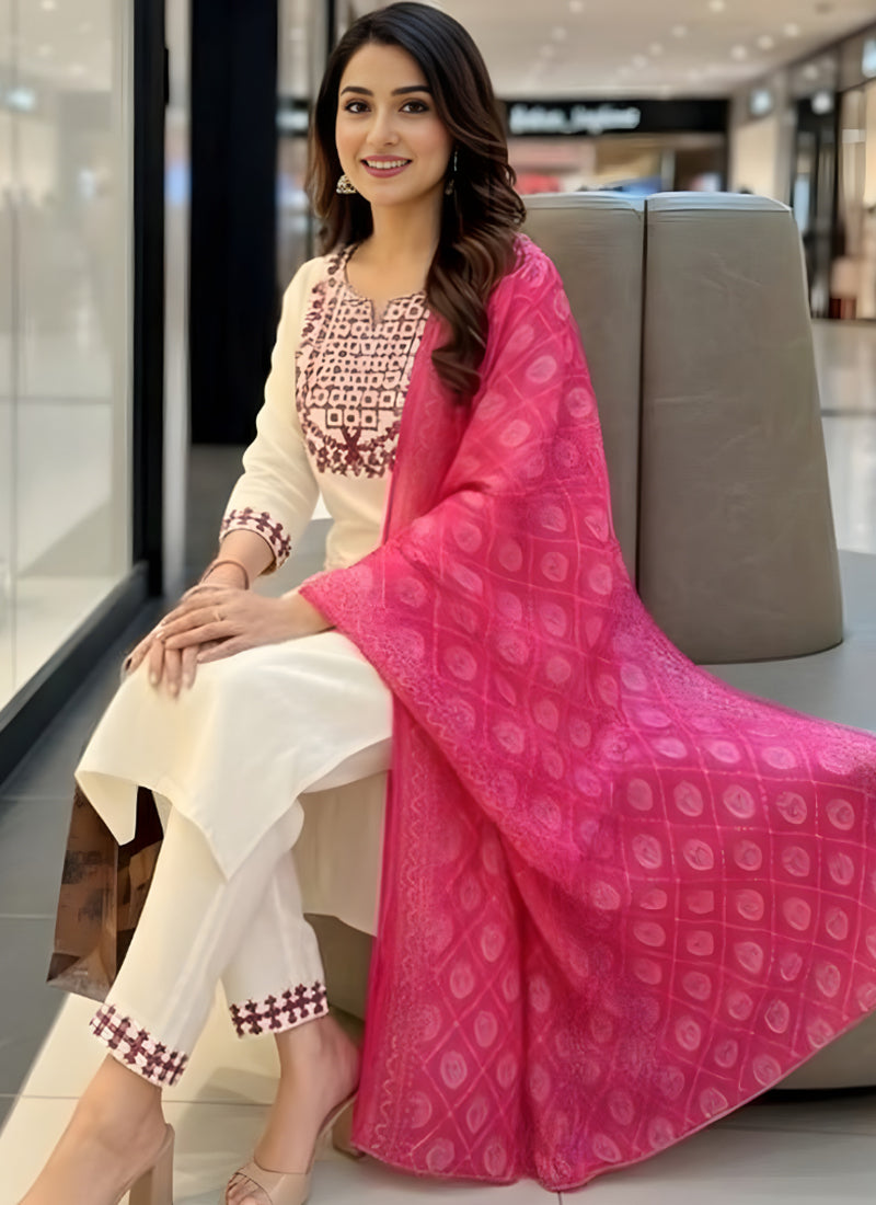 White Rayon Embroidered Straight Kurta Set