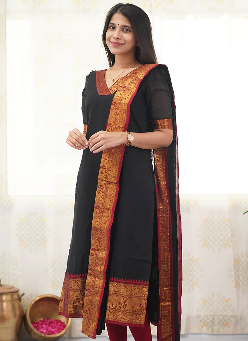 Black Kanchi Cotton Woven V-Neck Casual Kurta And Dupatta