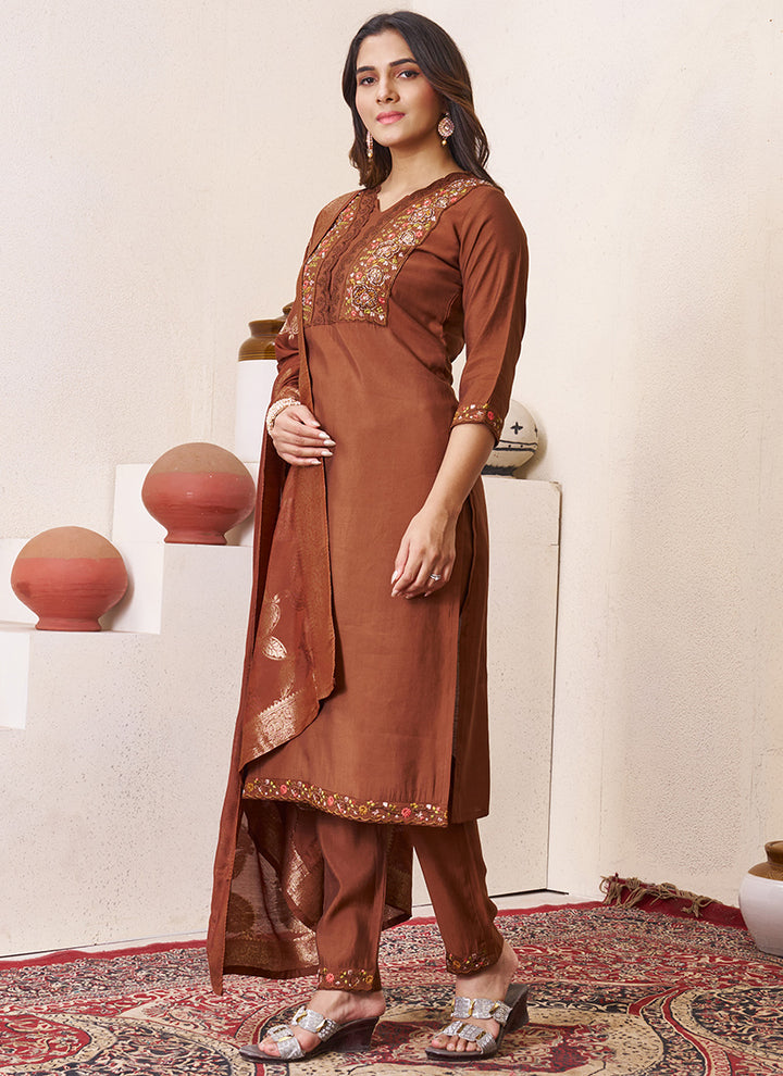 Brown Roman Silk Embroidered Ceremonial Kurta Set