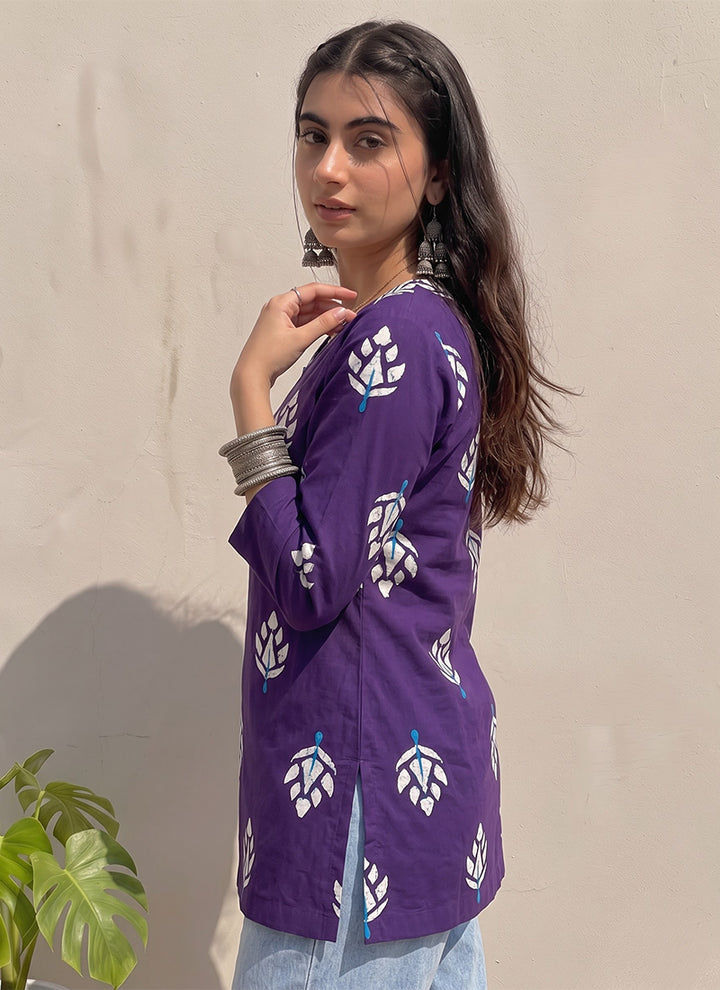 Purple Cotton Printed V Neck OutWear Kurti