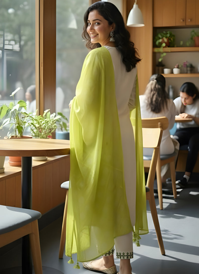 White Thread Embroidered Rayon Straight Kurta Set