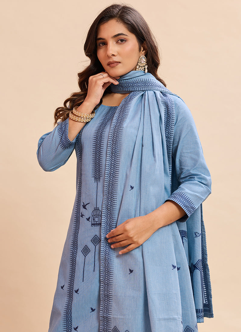 Sky Blue Pure Cotton Jacquard Festive Kurta Set