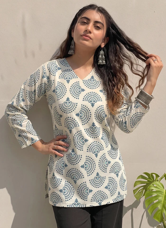 Off White Cotton Printed Office Wear Kurti