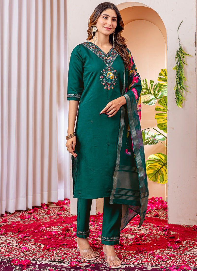Green Viscose Silk V-Neck Embroidered Salwar Suit