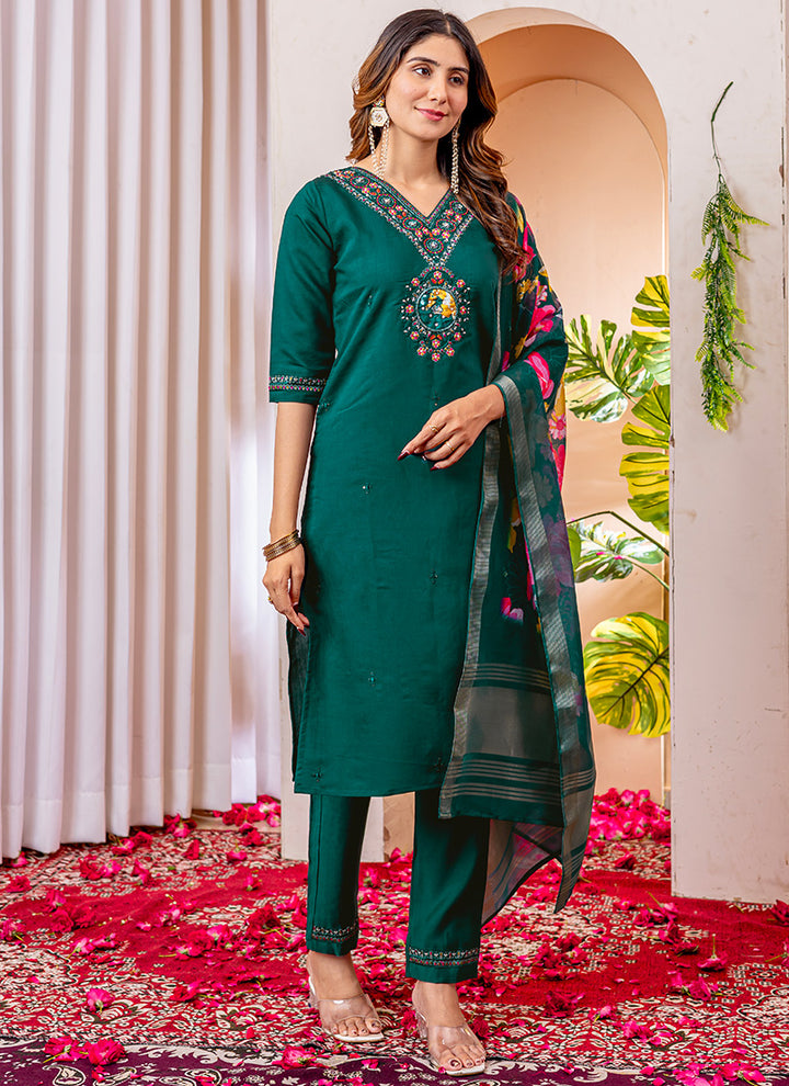 Green Viscose Silk V-Neck Embroidered Salwar Suit
