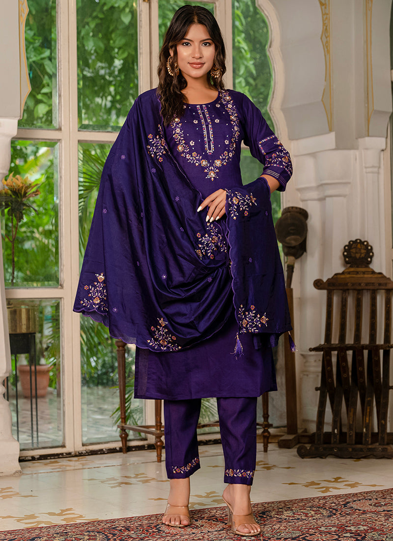 Violet Embroidered Marina Silk Festive Kurta Set