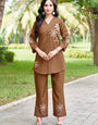 Brown Rayon Embroidered Cord Set For Festive Wear