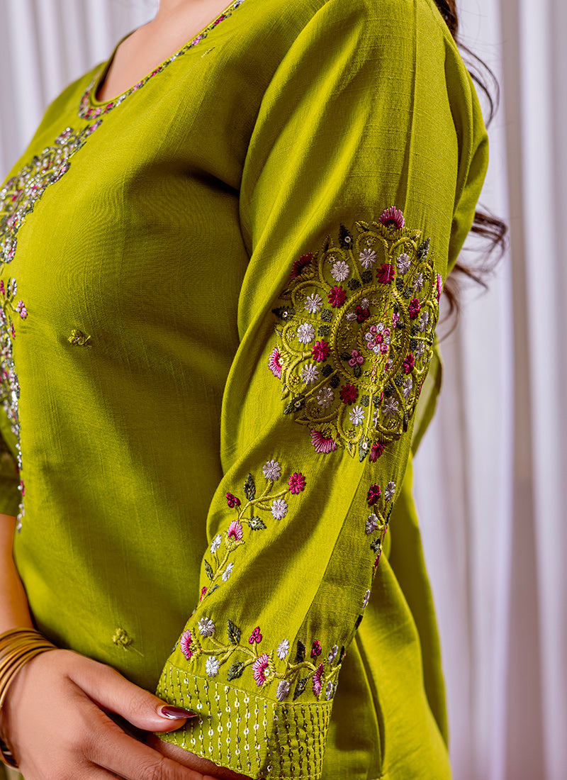 Parrot Green Viscose Silk Salwar Set For Festive