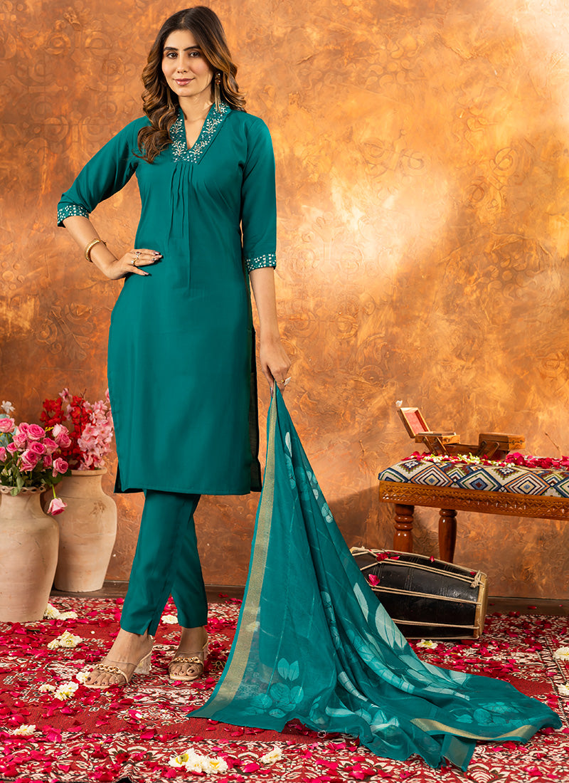 Rama Green Roman Silk Embroidered Kurta Set