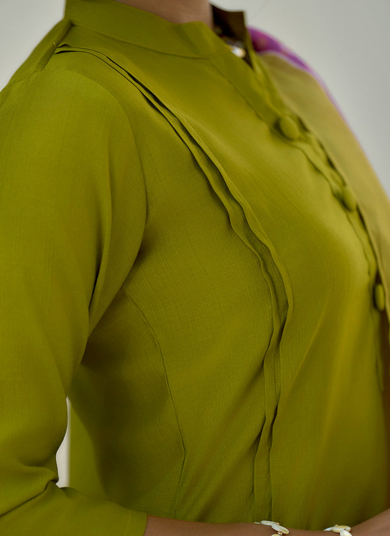 Olive Green Plain Straight Kurta Set With Printed Dupatta