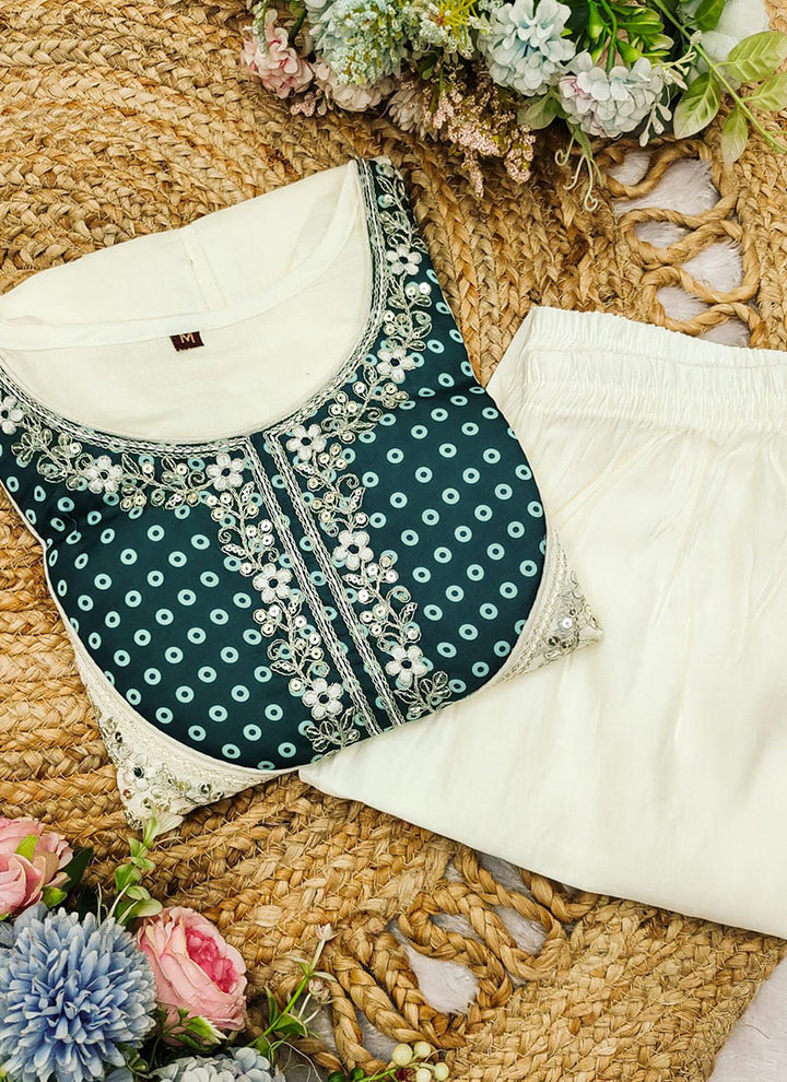 Off White And Green Embroidered Kurta With Palazzo Pant