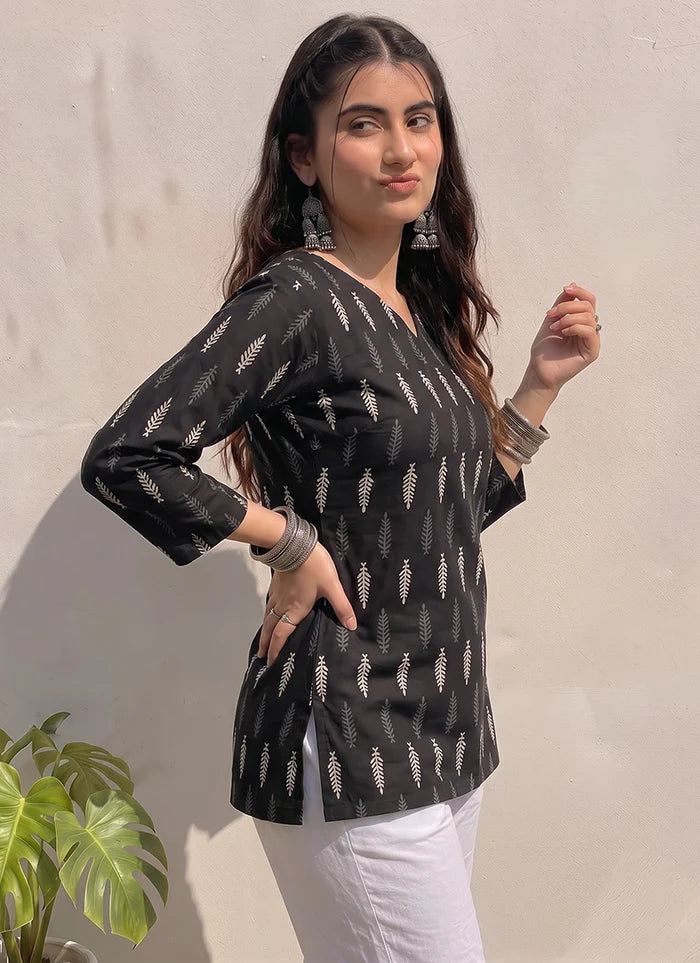 Black Cotton Printed V Neck Office Wear Kurti