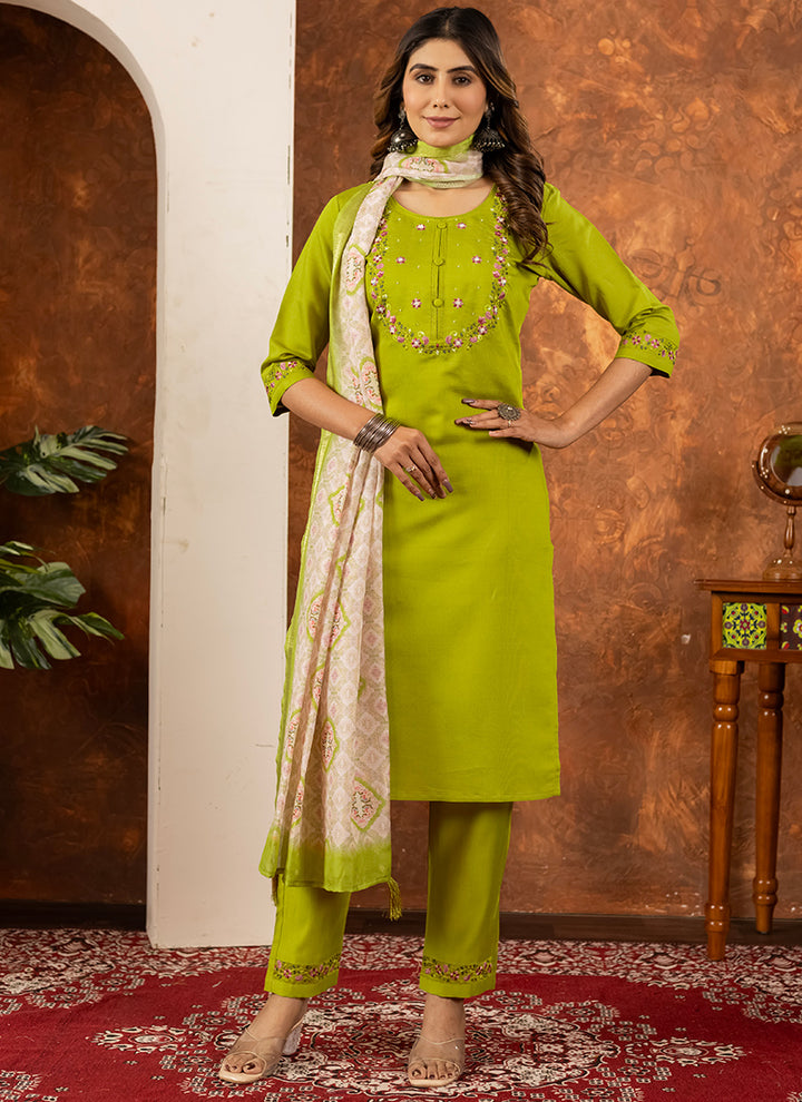 Green Embroidered Marina Silk Kurta Set
