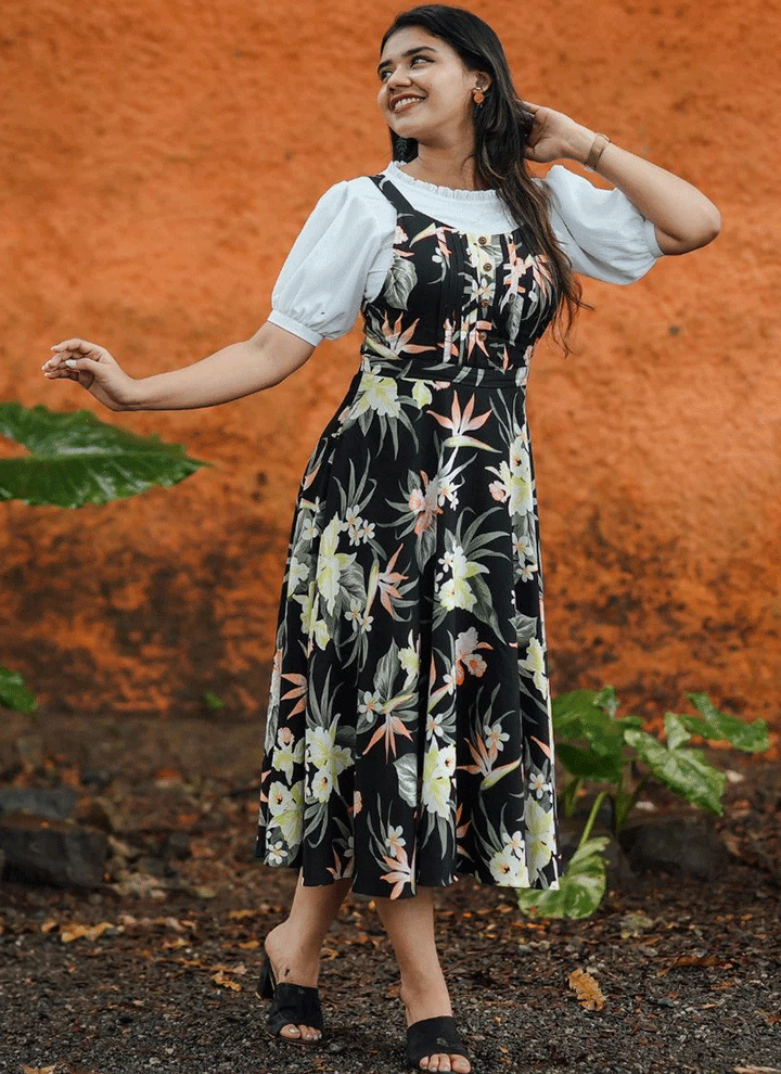 Blissful Floral Hawaiian Print  Rayon Dungaree Dress