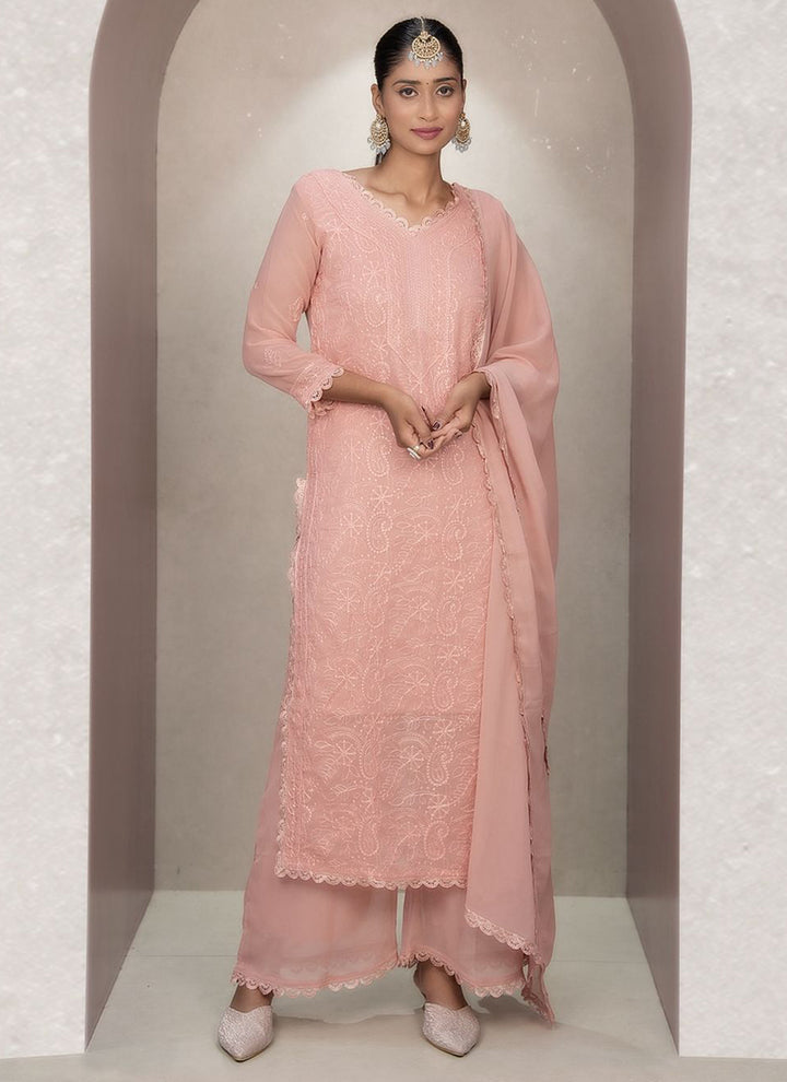 Peach Georgette Chikankari Palazzo Style Kurta Set