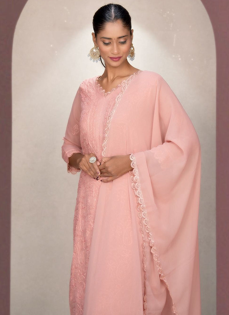 Peach Georgette Chikankari Palazzo Style Kurta Set