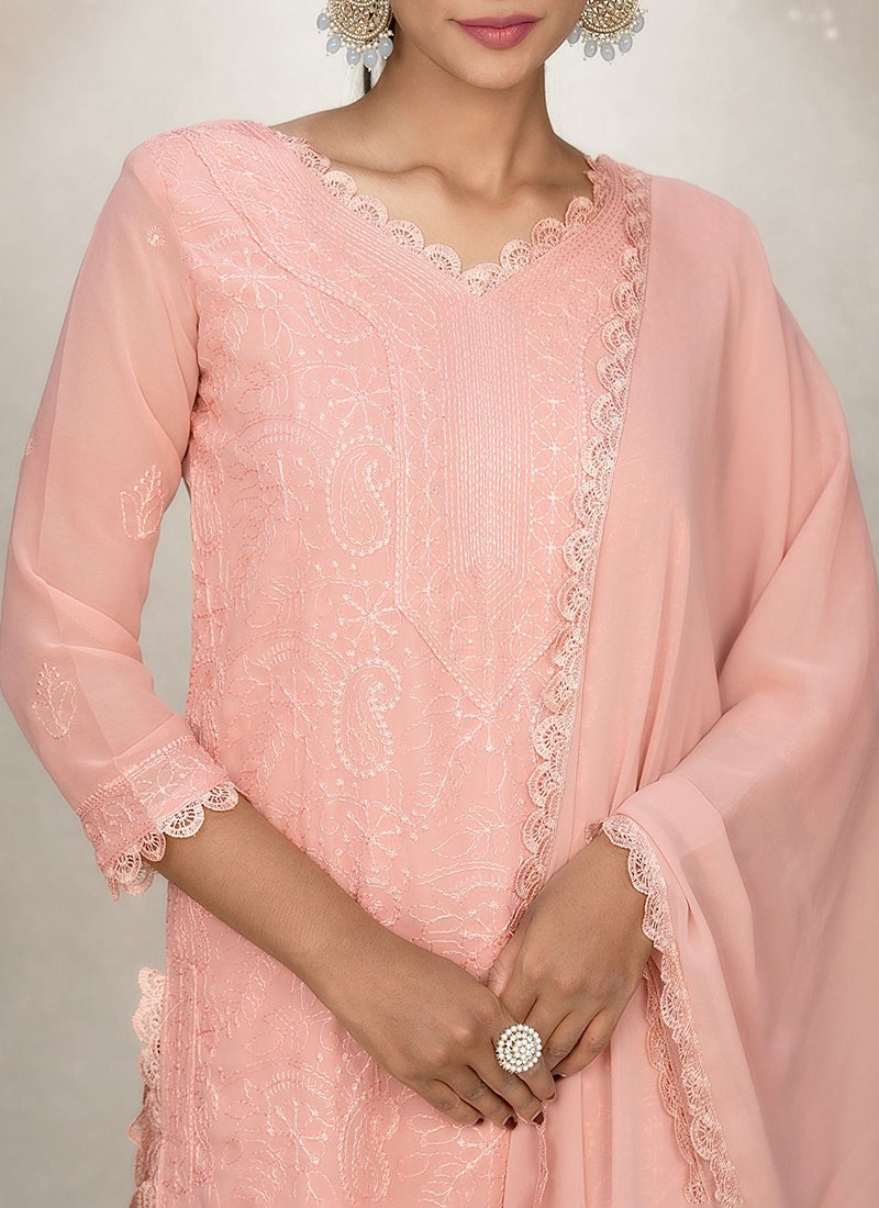 Peach Georgette Chikankari Palazzo Style Kurta Set