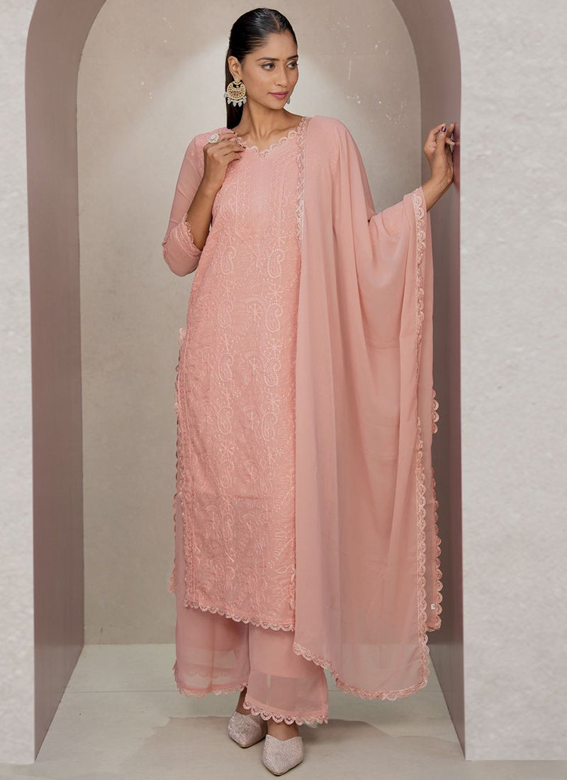 Peach Georgette Chikankari Palazzo Style Kurta Set