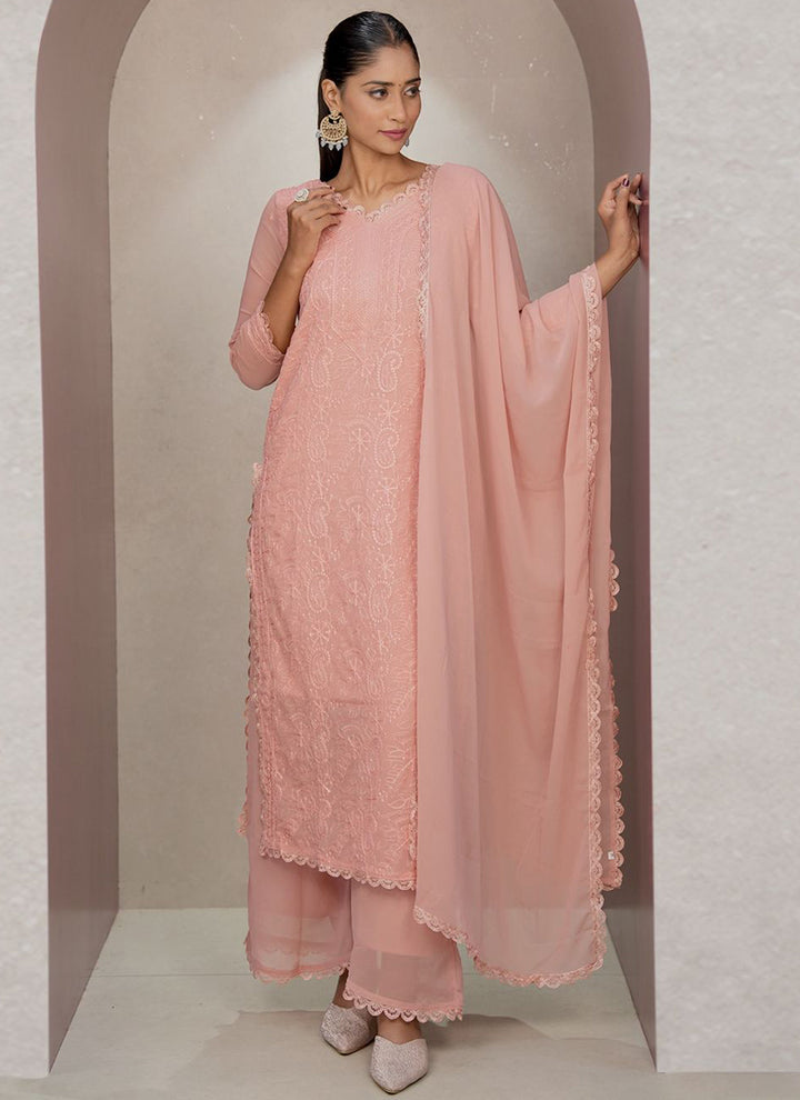 Peach Georgette Chikankari Palazzo Style Kurta Set