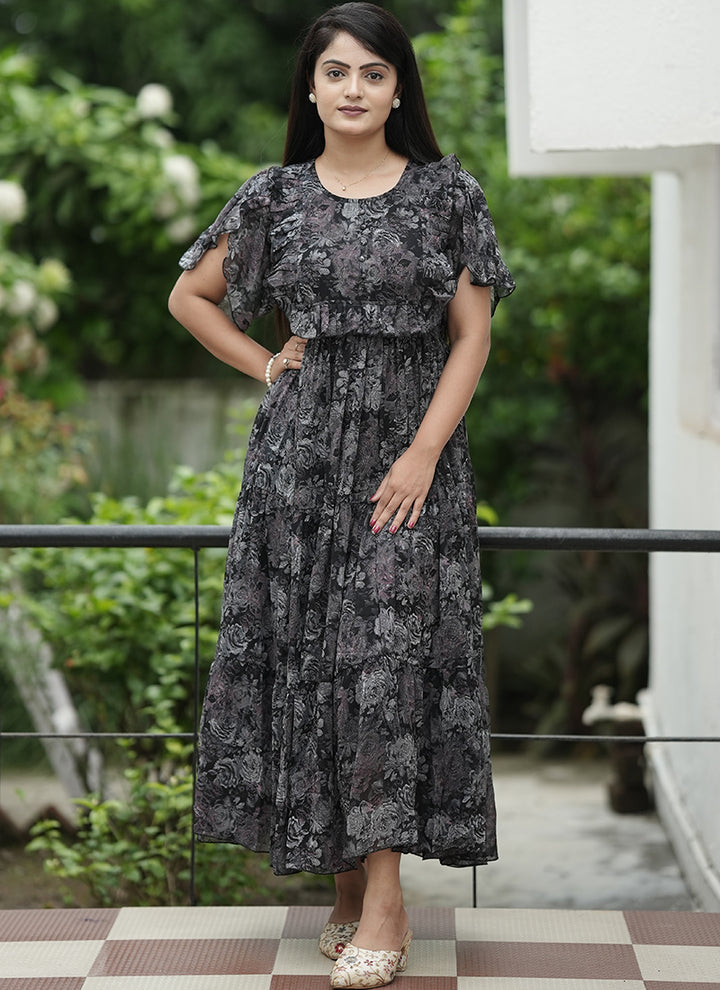 Black Georgette Printed Festive Dress