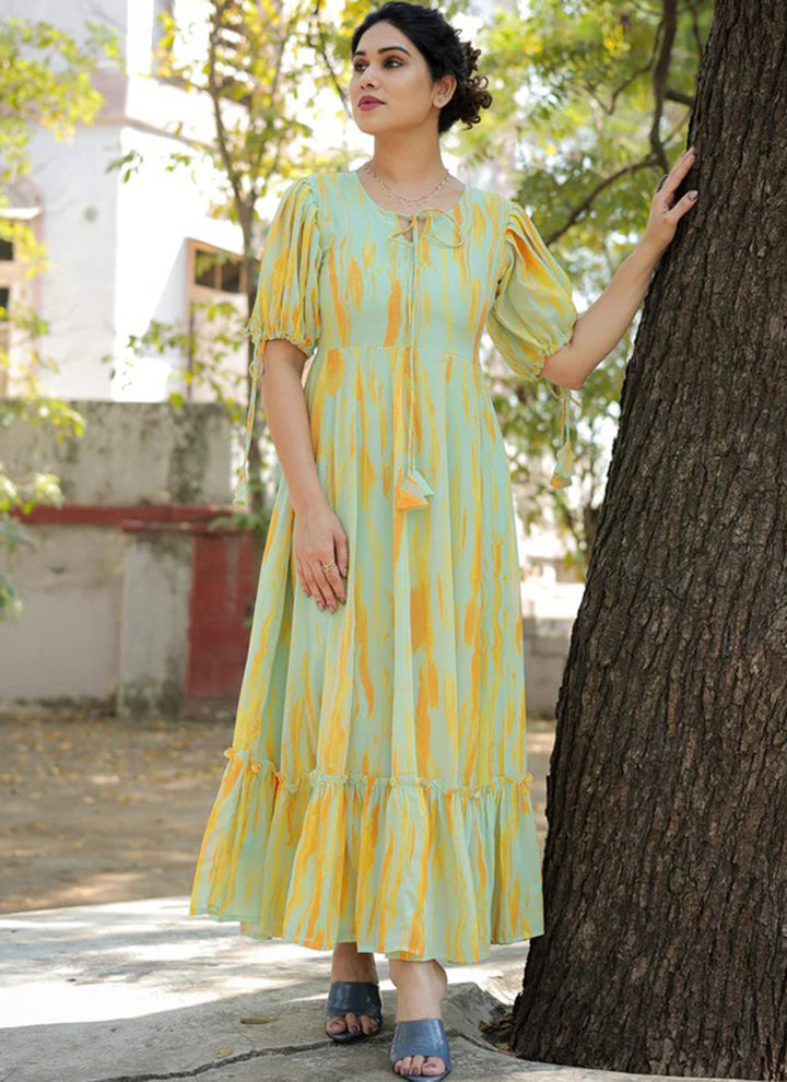 Lemon Yellow Georgette Printed Party Wear Dress