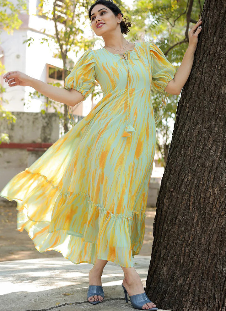 Lemon Yellow Georgette Printed Party Wear Dress