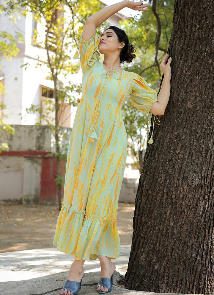 Lemon Yellow Georgette Printed Party Wear Dress