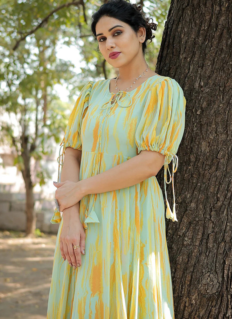 Lemon Yellow Georgette Printed Party Wear Dress