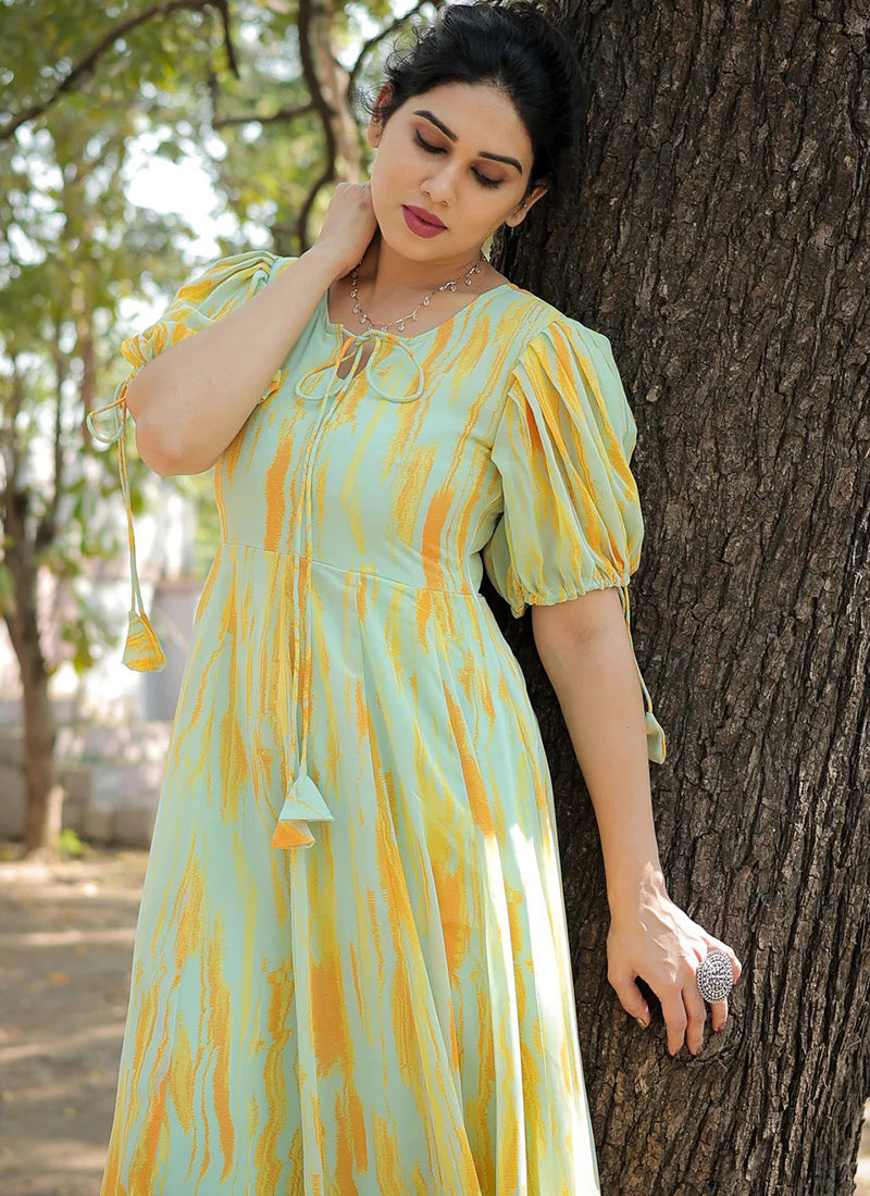 Lemon Yellow Georgette Printed Party Wear Dress