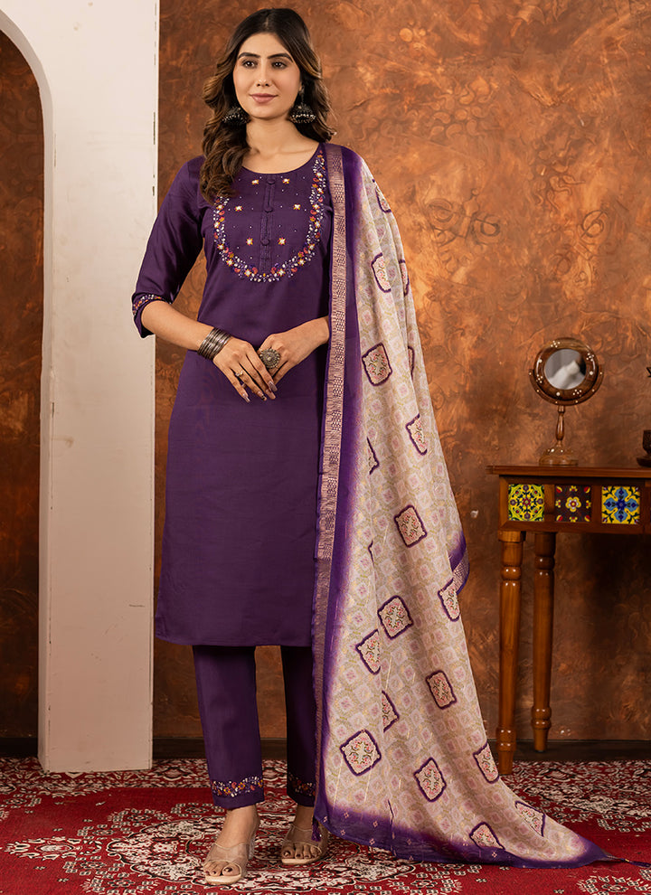 Wine Embroidered Silk Kurta Set For Ceremonial