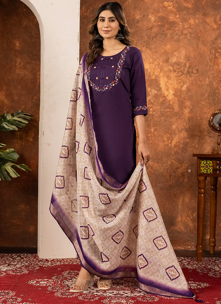 Wine Embroidered Silk Kurta Set For Ceremonial
