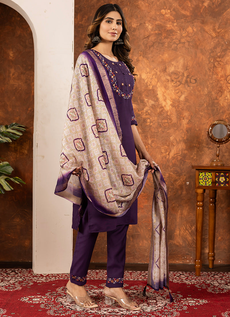 Wine Embroidered Silk Kurta Set For Ceremonial