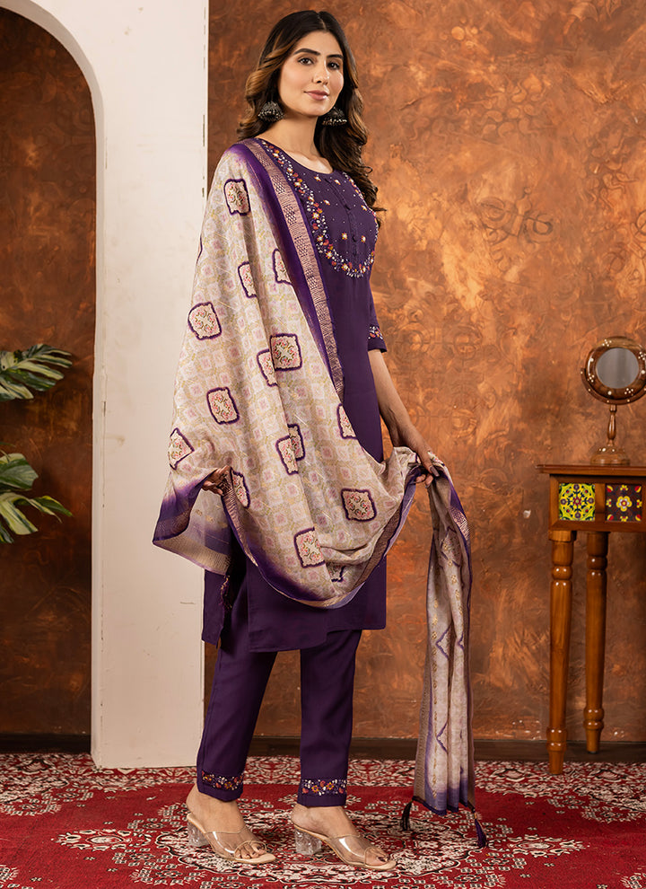 Wine Embroidered Silk Kurta Set For Ceremonial
