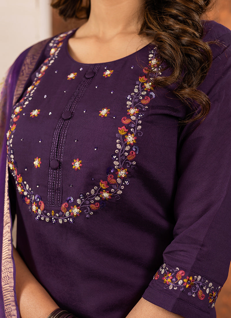 Wine Embroidered Silk Kurta Set For Ceremonial