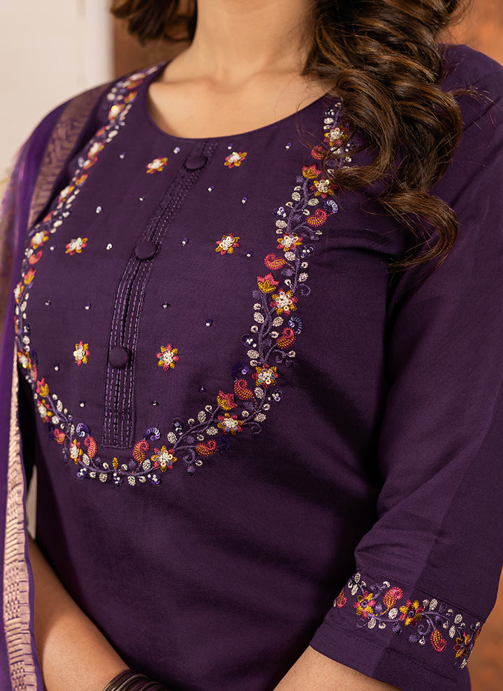 Wine Embroidered Silk Kurta Set For Ceremonial