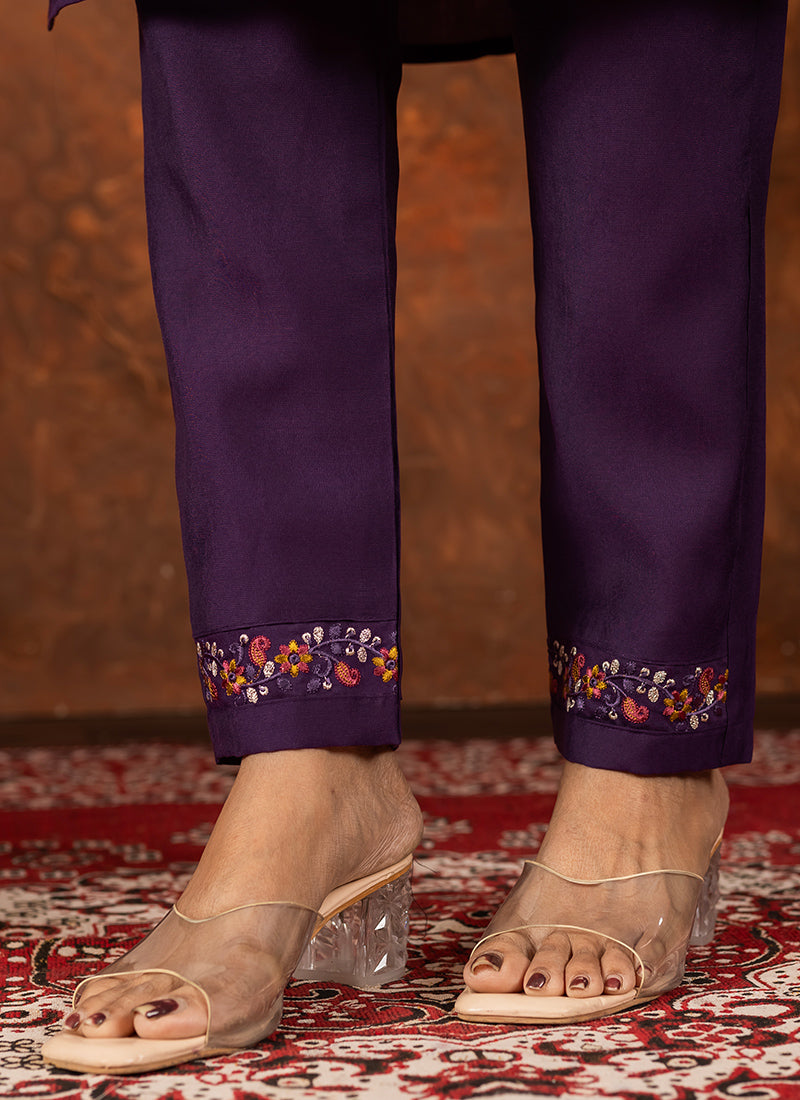 Wine Embroidered Silk Kurta Set For Ceremonial